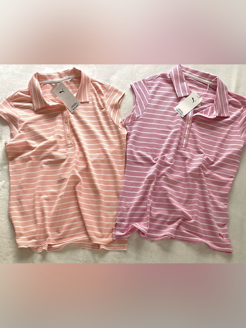 Puma Golf Women’s Polo Shirt Bundle 2 Pack Small NWT Pink Orange Striped - Picture 2 of 13